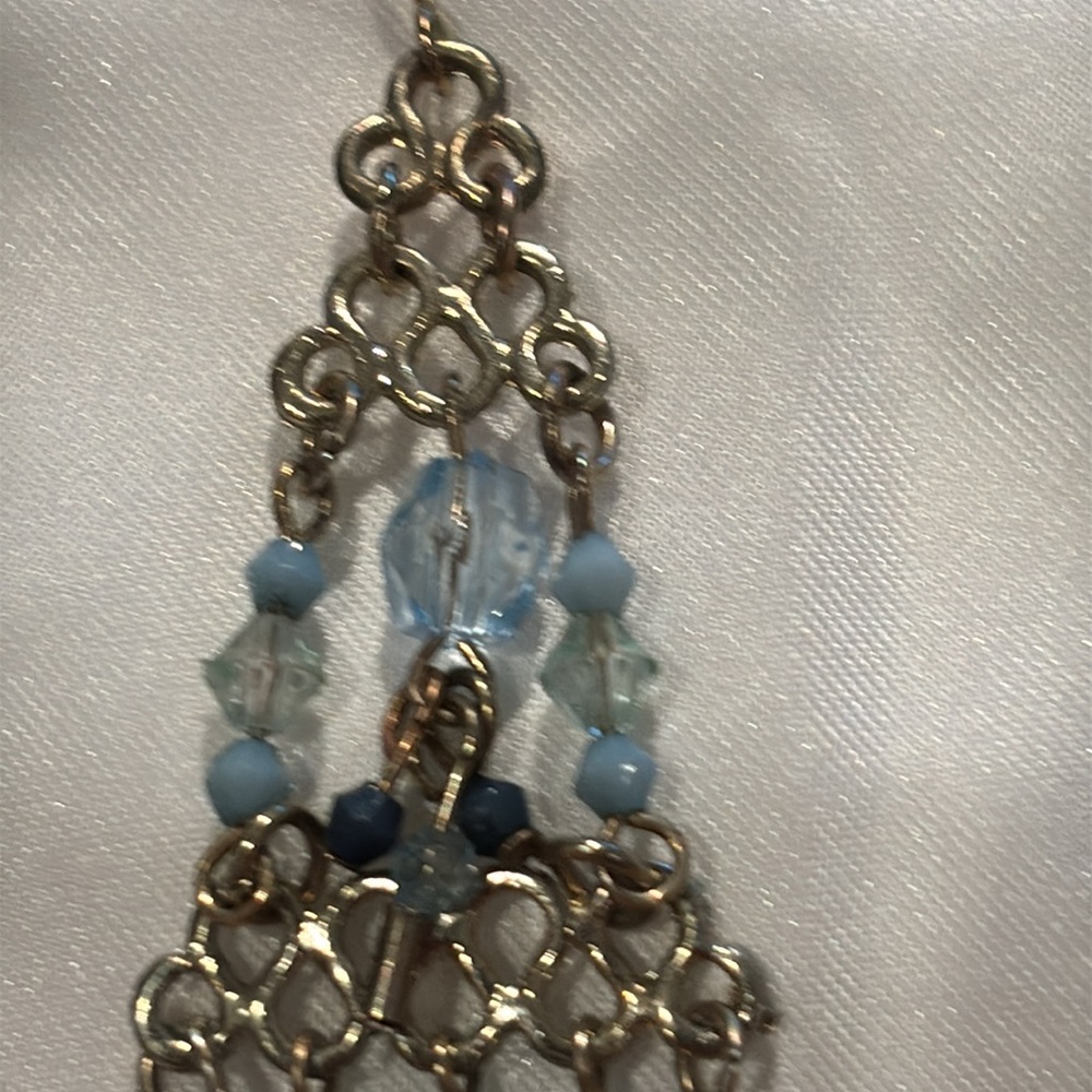 Blue bead chandelier earrings in silver-tone settings. - Picture 3 of 3